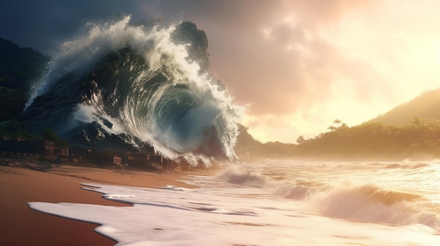 Tsunami wave crashing into deserted beach