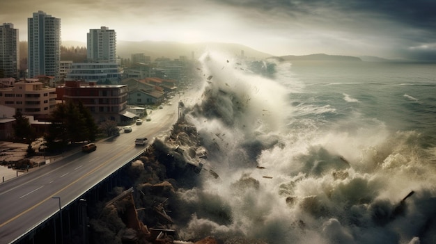 写真 堤防の浸水海岸に打ち寄せる津波