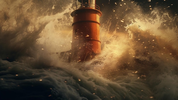 Tsunami wave hitting historic lighthouse