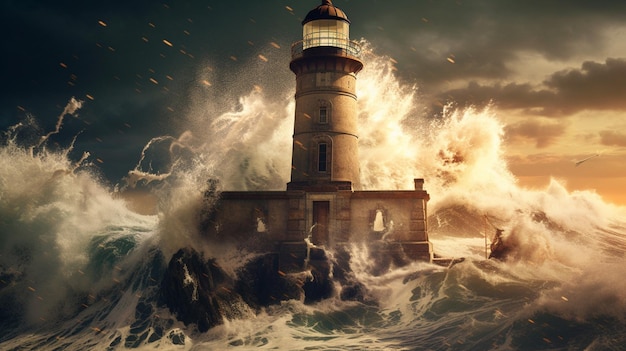 Tsunami wave hitting historic lighthouse