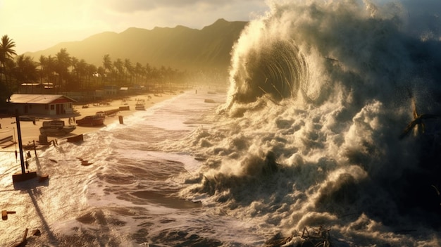 Tsunami wave rolls onto shore bringing