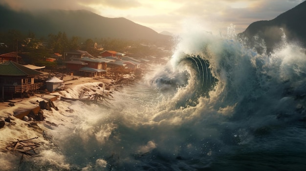 Foto l'onda dello tsunami rotola sulla riva portandola