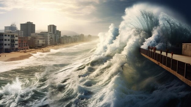 Волны цунами бьются о высокие морские дамбы.