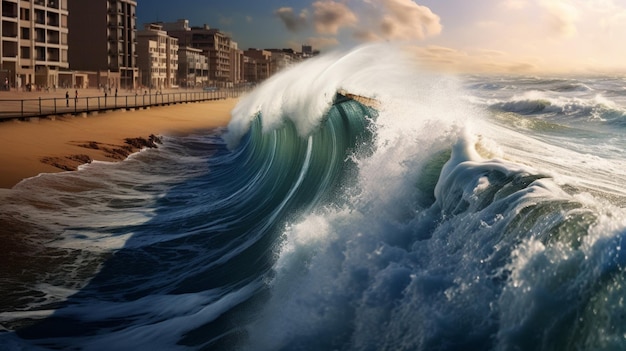 Tsunami waves crash against tall seawall protecti