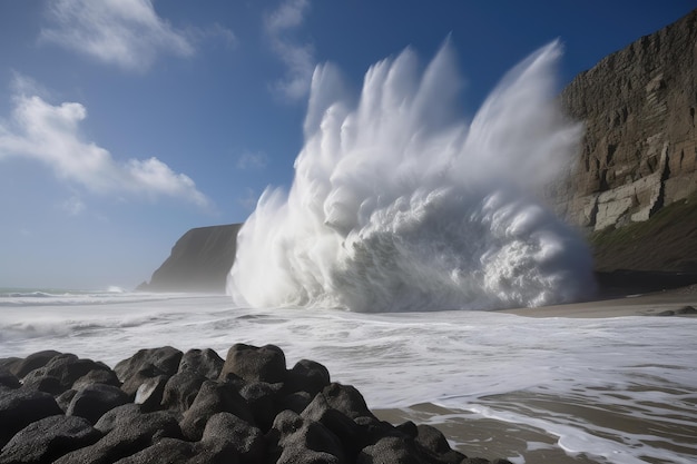 津波がそびえ立つ崖に衝突し、水しぶきが空中に飛び散る