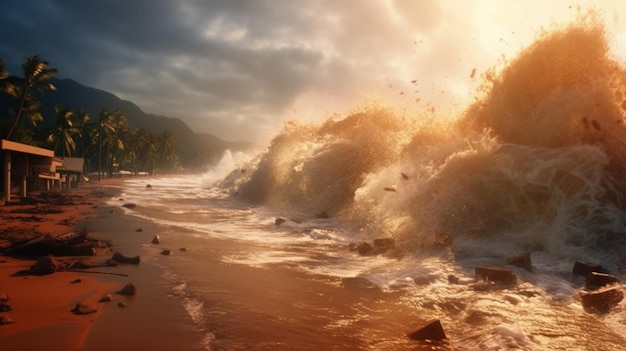 Волны цунами бьются о пляж и приносят с собой