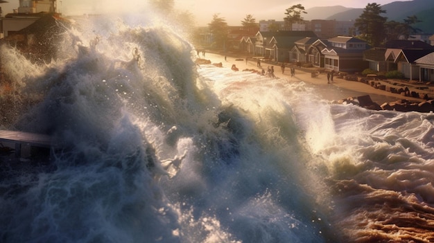 Волны цунами бьются о берег и прорывают побережье.