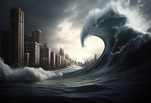 Tsunami with big wave going to hit a big city building illustration Ai generative