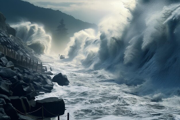 Tsunamis hitting coastlines