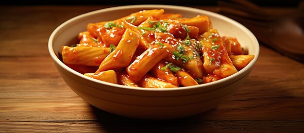 Tteokbokki dish beautiful on a wooden table