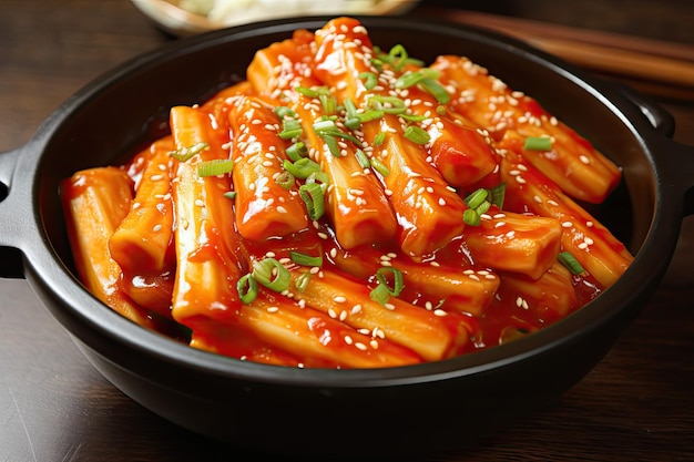 Foto tteokbokki torte di riso piccante coreane spesso servite con torte di pesce e una salsa di peperoncino dolce