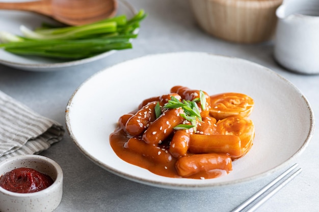 Tteokbokki, rice stick in spicy sauce, traditional korean cuisine, selective focus