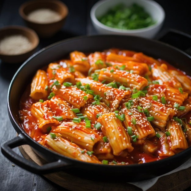 Foto tteokbokki street magic torta di riso piccante coreana delizia il vivace cibo di strada cattura lo sfrigolio