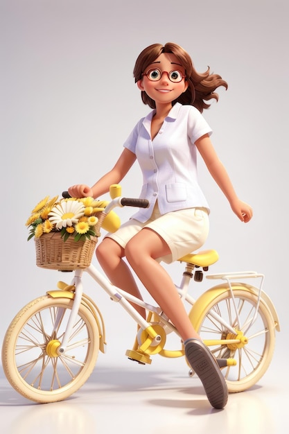 花のバスケットを持って自転車に乗っている魅力的なヒップスターの女の子