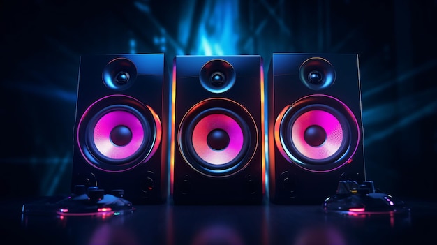 Ttwo sound speakers and subwoofer on dark background