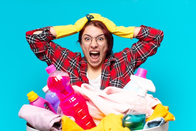 Tty girl housekeeper washing clothes