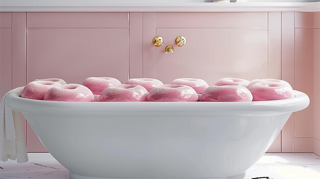 Photo a tub of donuts with pink frosting and a silver knob