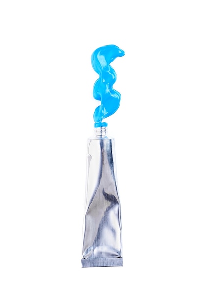 Tube of blue acrylic paint on white background