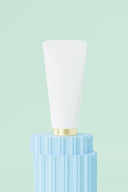 Tube for cosmetics on blue pillar podium