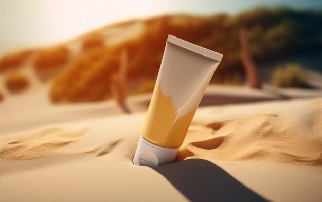 A tube of cream in the sand with the sun shining on it.