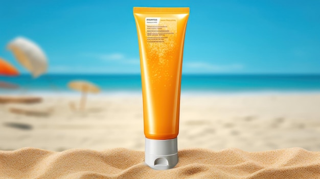 a tube of orange shampoo is on the beach.