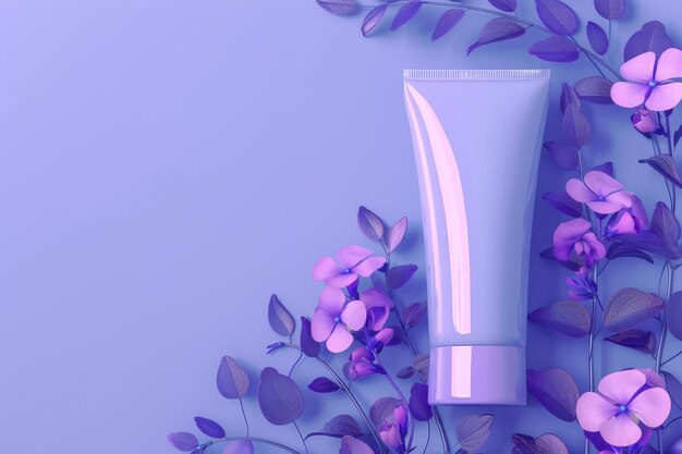 Photo a tube of purple lotion is surrounded by purple flowers