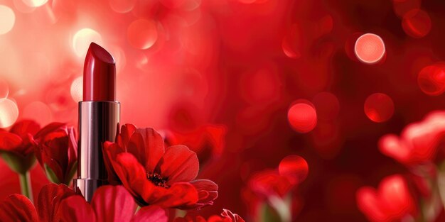 Photo a tube of red lipstick among red flowers lip gloss spa and cosmetology concept skin care bright makeup bokeh effect horizontal banner copy space