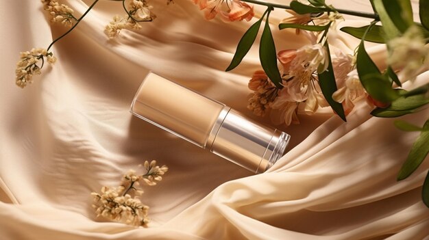 tube of skin foundation and decorative flowers