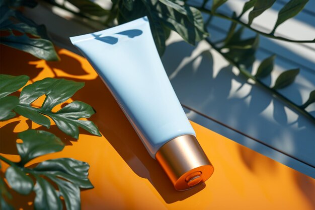 a tube of sunscreen next to a plant