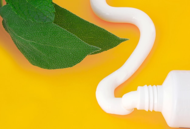 Tube of toothpaste mint flavor on orange wall