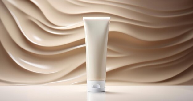 Tube voor cosmetica op een golvende zachte beige achtergrond