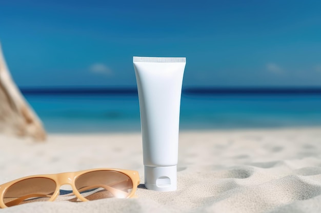 A tube of white cream sits on the sand
