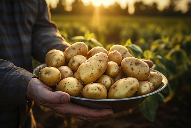 Tubers of fresh potatoes in the hands of a farmer