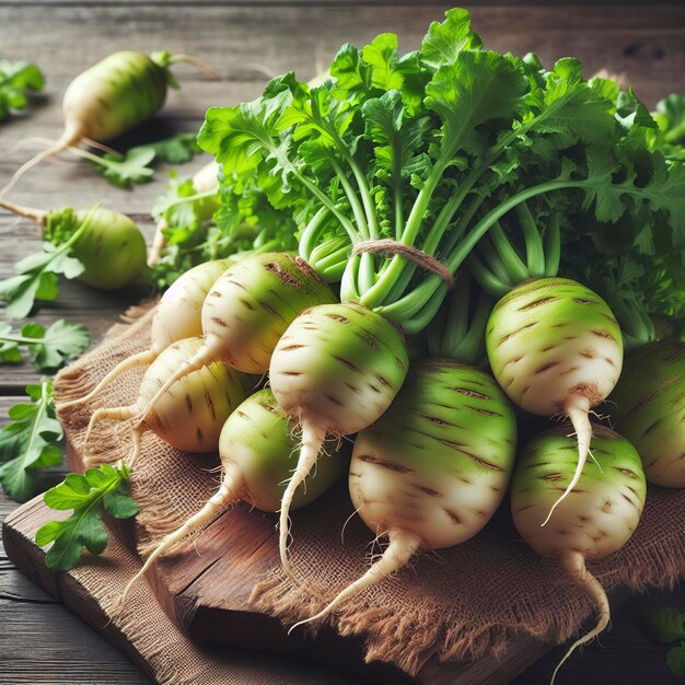 Tubers of raw green radish on a wooden background