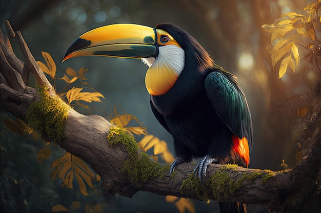 나무 가지에 앉아 있는 투칸 새는 생성 인공 지능으로 만든 햇빛에 깃털이 빛나고 있습니다.
