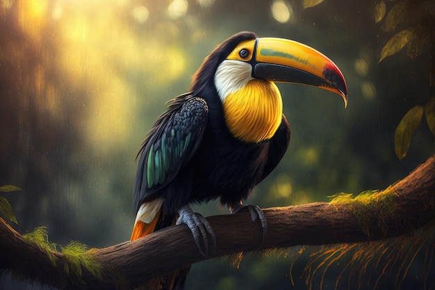 A tucan perched on a tree branch its feathers shining in the sunlight created with generative ai