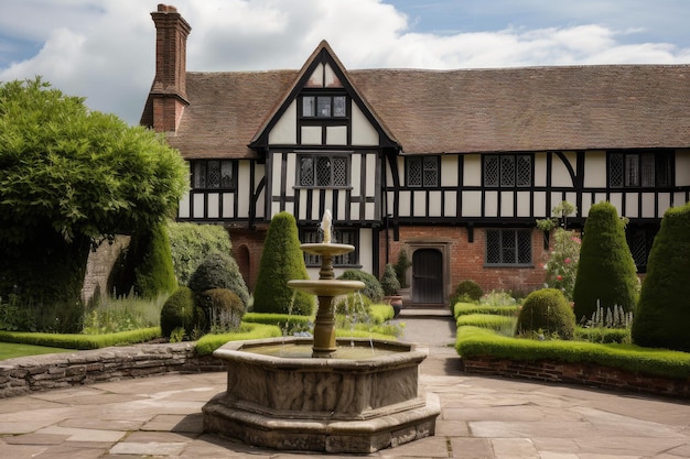 Tudor house exterior with view of the surrounding garden and fountain