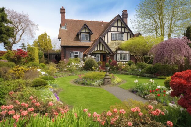 Tudor house surrounded by beautiful garden with blooming flowers and freshly manicured lawn