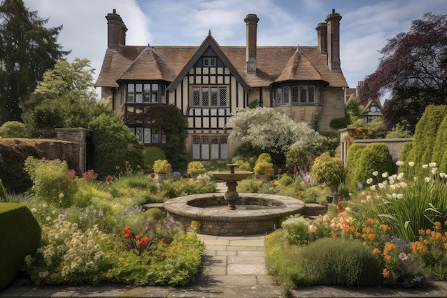 Tudor house surrounded by manicured gardens with blooming flowers and fountains
