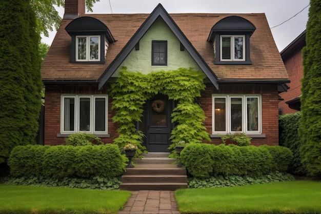 Tudor house with brick base and ivy exterior