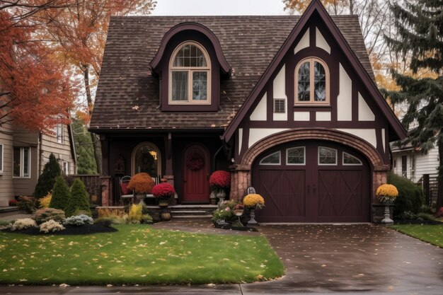 Tudor house with a wooden arched entrance door and a carriagestyle garage