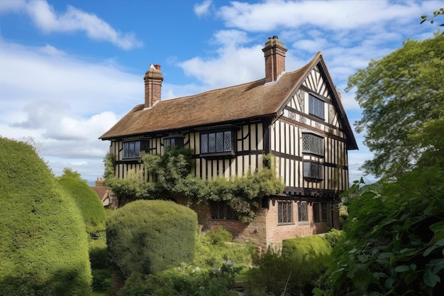 Tudor huis met uitzicht op glooiende heuvels omlijst door bomen en blauwe lucht