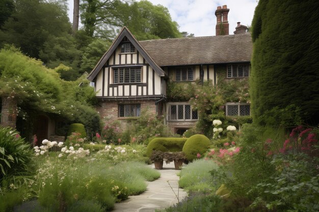 Tudor huis omgeven door weelderig groen en prachtige bloemen