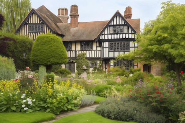 Tudor huis omgeven door weelderige tuinen met bloeiende bloemen en struiken