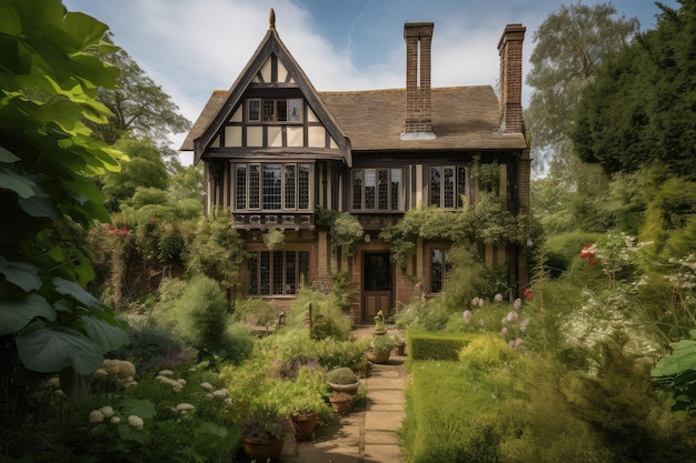 Tudor woning met uitzicht op rustige tuin omgeven door groen