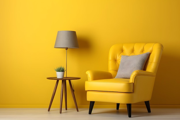 Tufted armchair and coffee table with lamp near yellow wall Interior design of modern living room