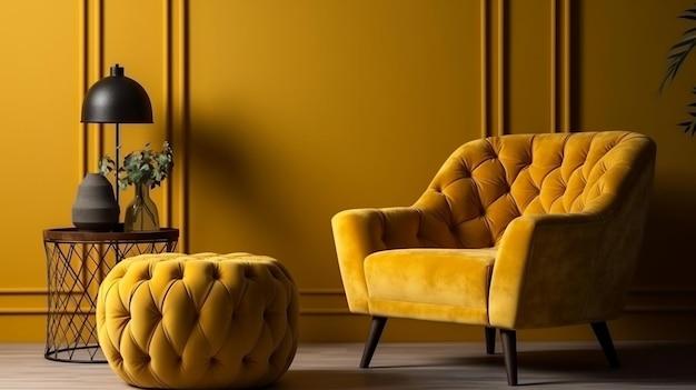 Tufted armchair and coffee table with a lamp near yellow wall
