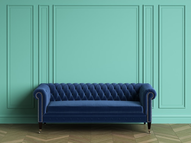 Tufted blue sofa in classic interior with copy space. Turquoise color walls with mouldings. Floor parquet herringbone.  3d rendering