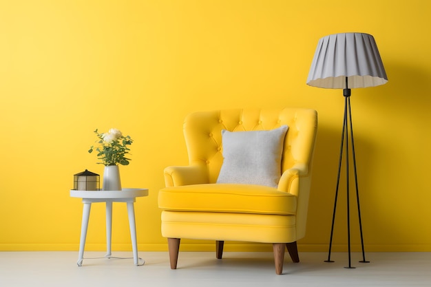 Tufted fauteuil en salontafel met lamp in de buurt van gele muur Interieurontwerp van moderne woonkamer