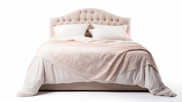 Photo tufted white bed with light pink covers uhd image with smooth curves and warm tonal range